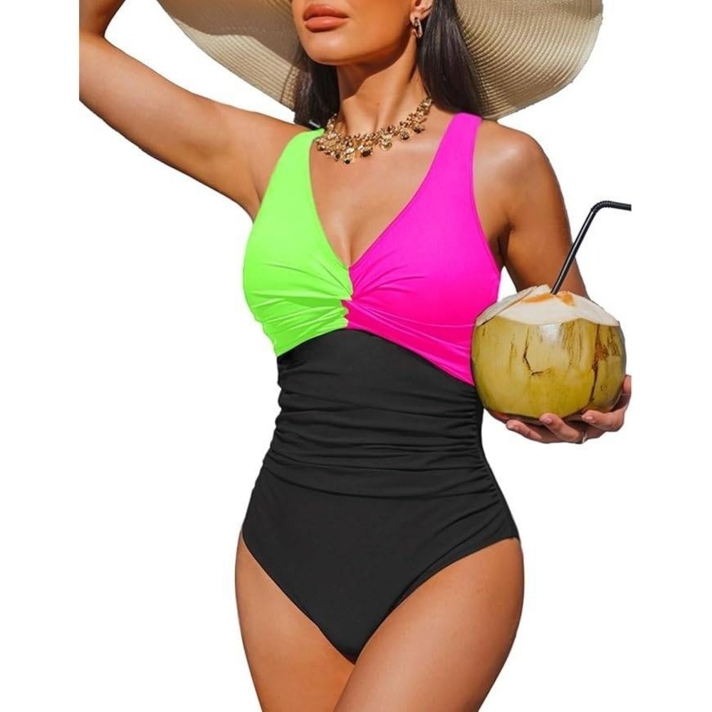 Holipick Neon Black Pink Green V-Neck Tummy Control One Piece Swimsuit Small NWT